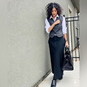 Black Maxi Cotton Skirt - Women's Tailored Long Cotton Skirt With Pockets